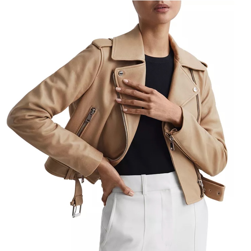 NWT Reiss Tyler Neutral Tan Leather Biker Jacket - Size 2
